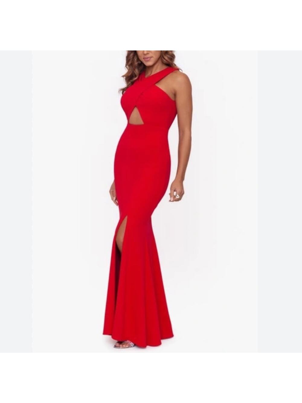 Xscape Cross Front‎ Cutout Scuba Gown Red 2